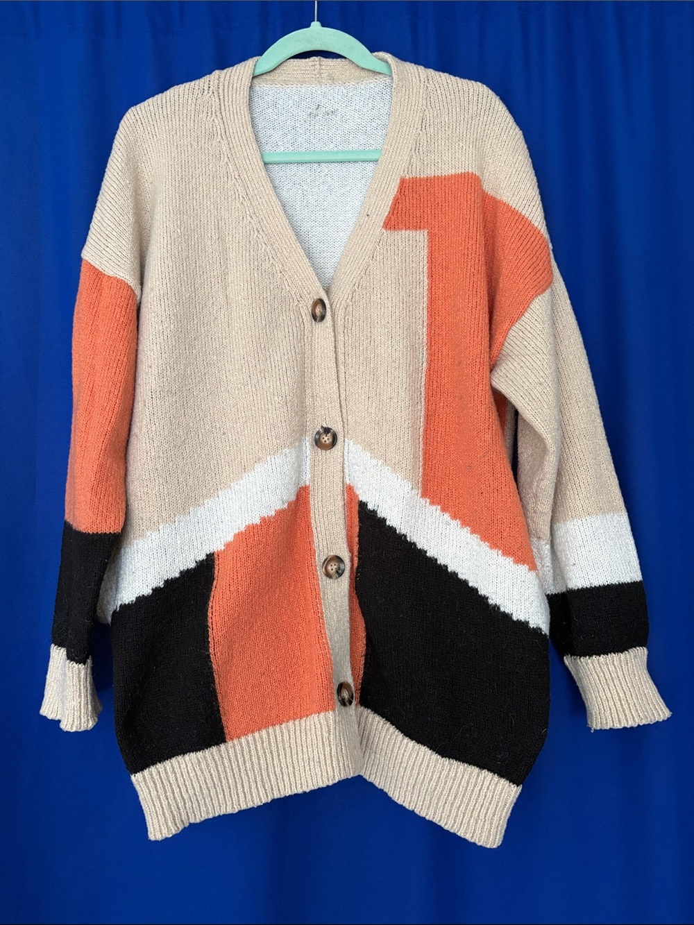 Beige and Orange Colorblock V-Neck Button Cardigan Sweater